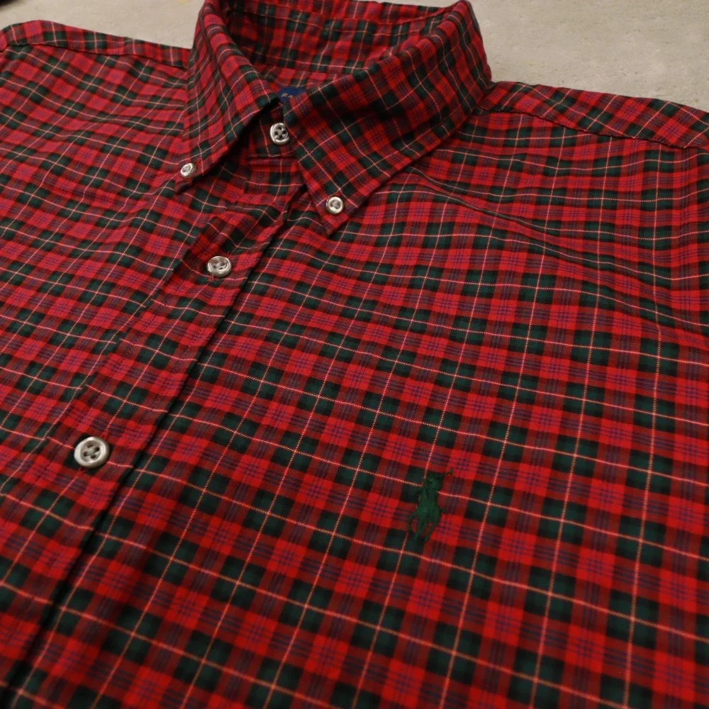 Ralph‎ Lauren Red Green Tartan Plaid Long Sleeve Button Up Shirt size XL